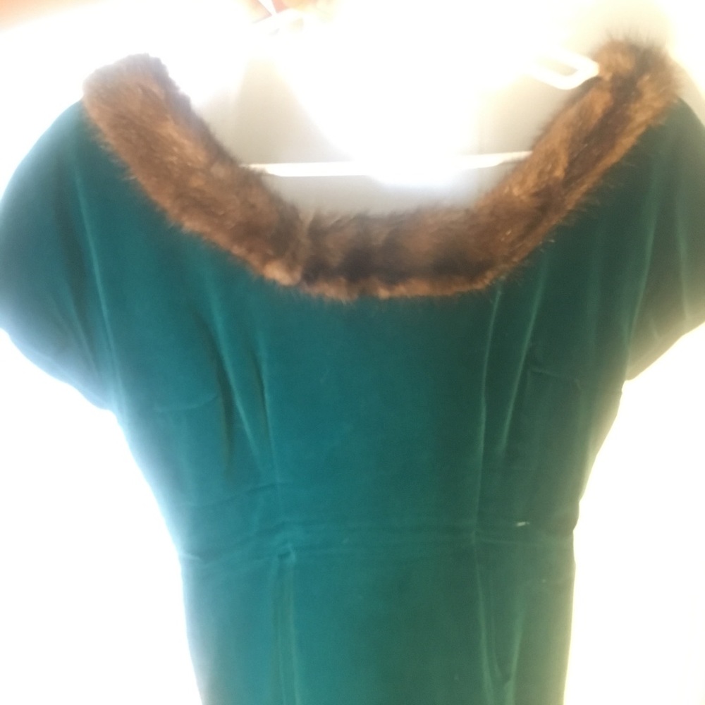 Mink fur rimmed green velvet vintage v neck dress
